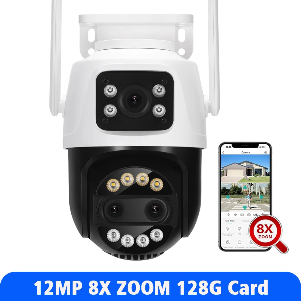 12MP PTZ WiFi IP Camera Dual Lens 2.8mm -12mm 8X Zoom 4K Outdoor AI Human Tracking CCTV Audio Home Security Surveillance Camera
