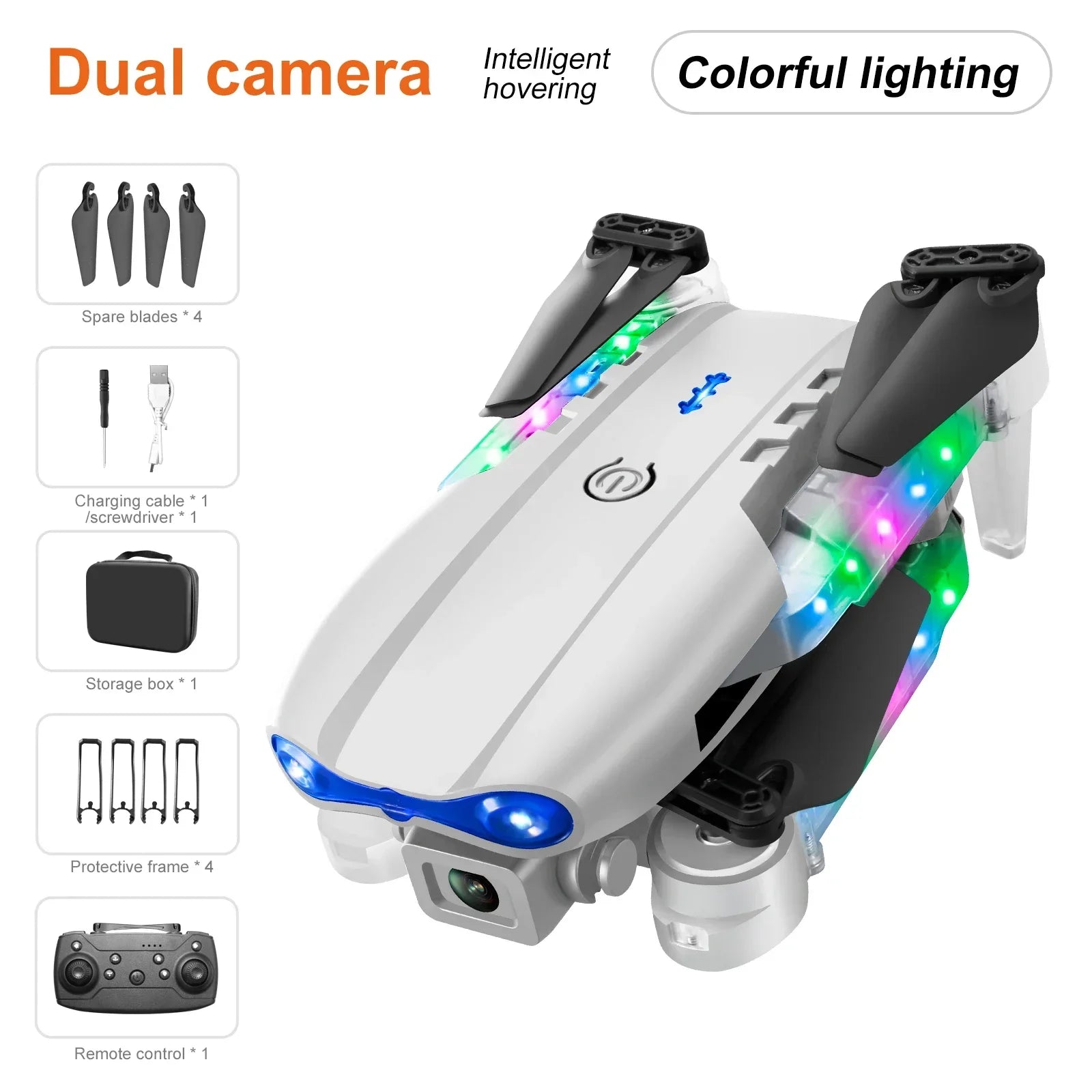 Foldable drone in matte silver with black blades and integrated RGB LED lights, featuring dual cameras and accessories.
