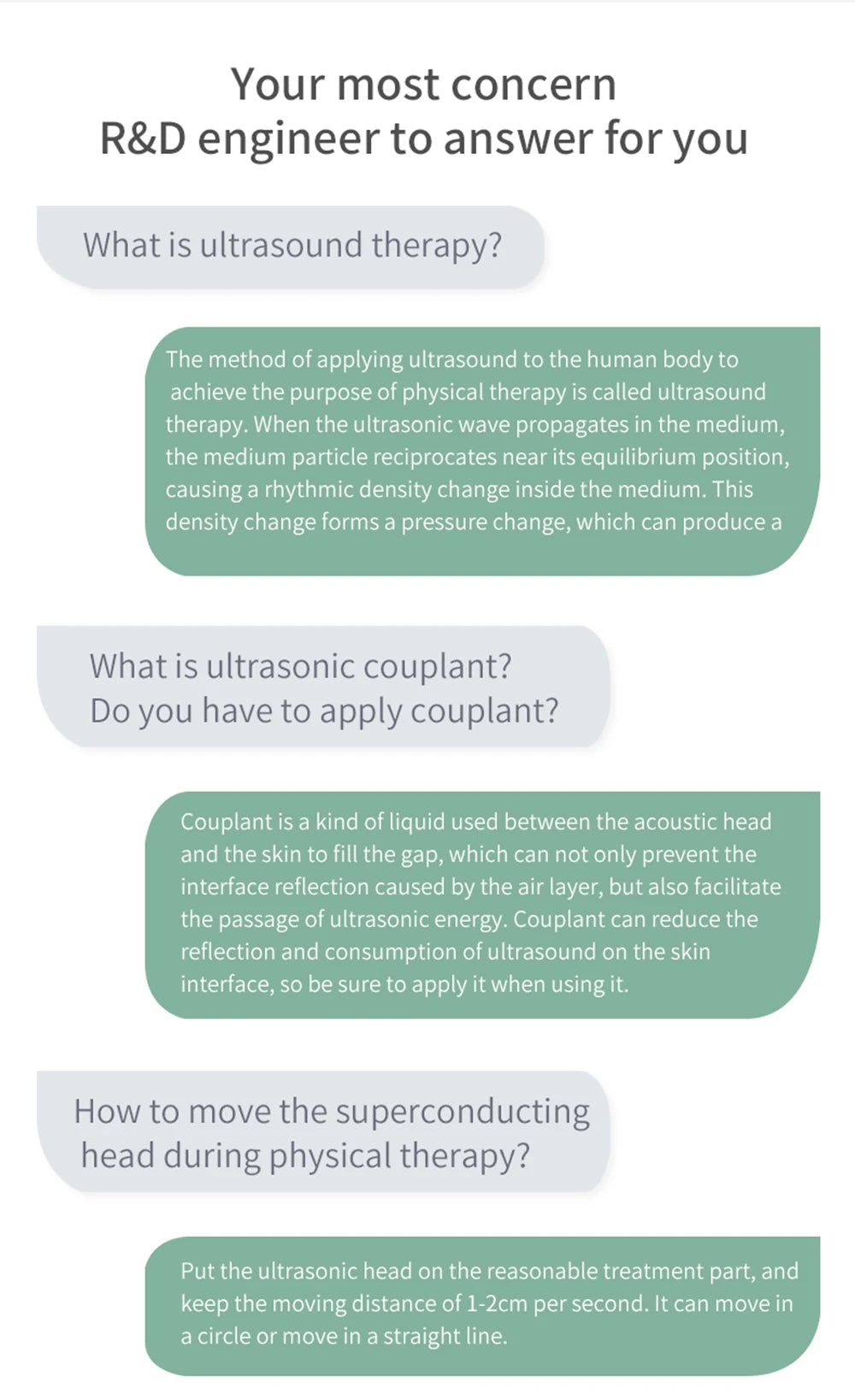 Q&A graphic explaining ultrasound therapy, couplant, and proper technique for moving the therapy head on skin.