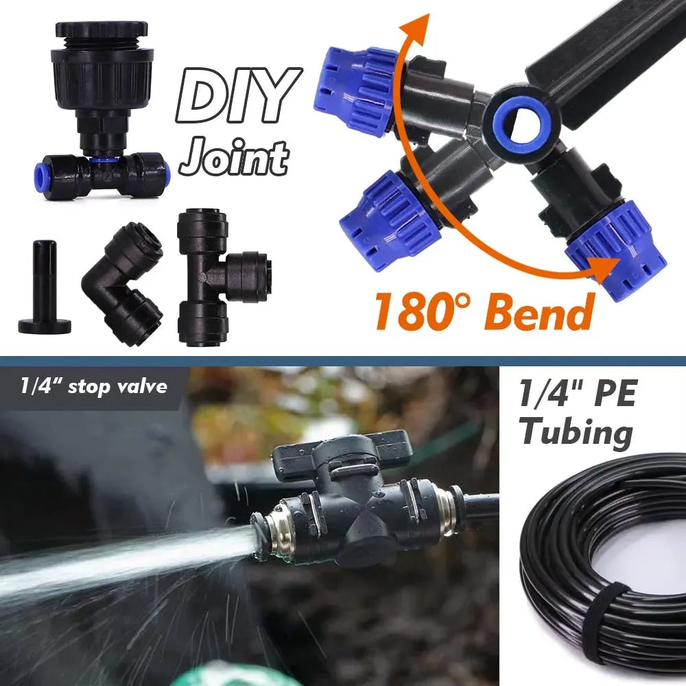 1/4" drip irrigation tubing joint pieces with blue connectors and adjustable bend