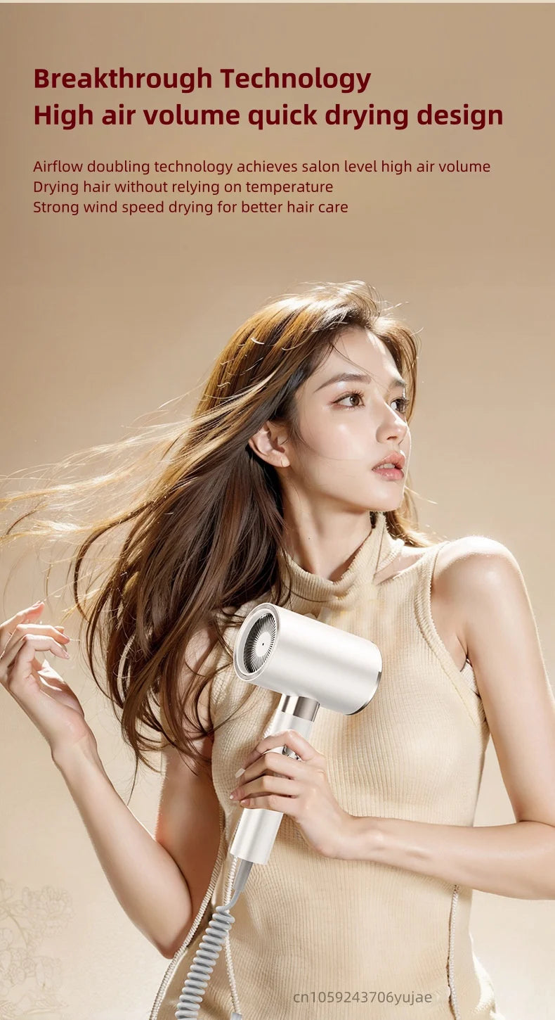 White 2200W high-power silent hair dryer with fast-drying airflow technology for professional salon-quality hair care.