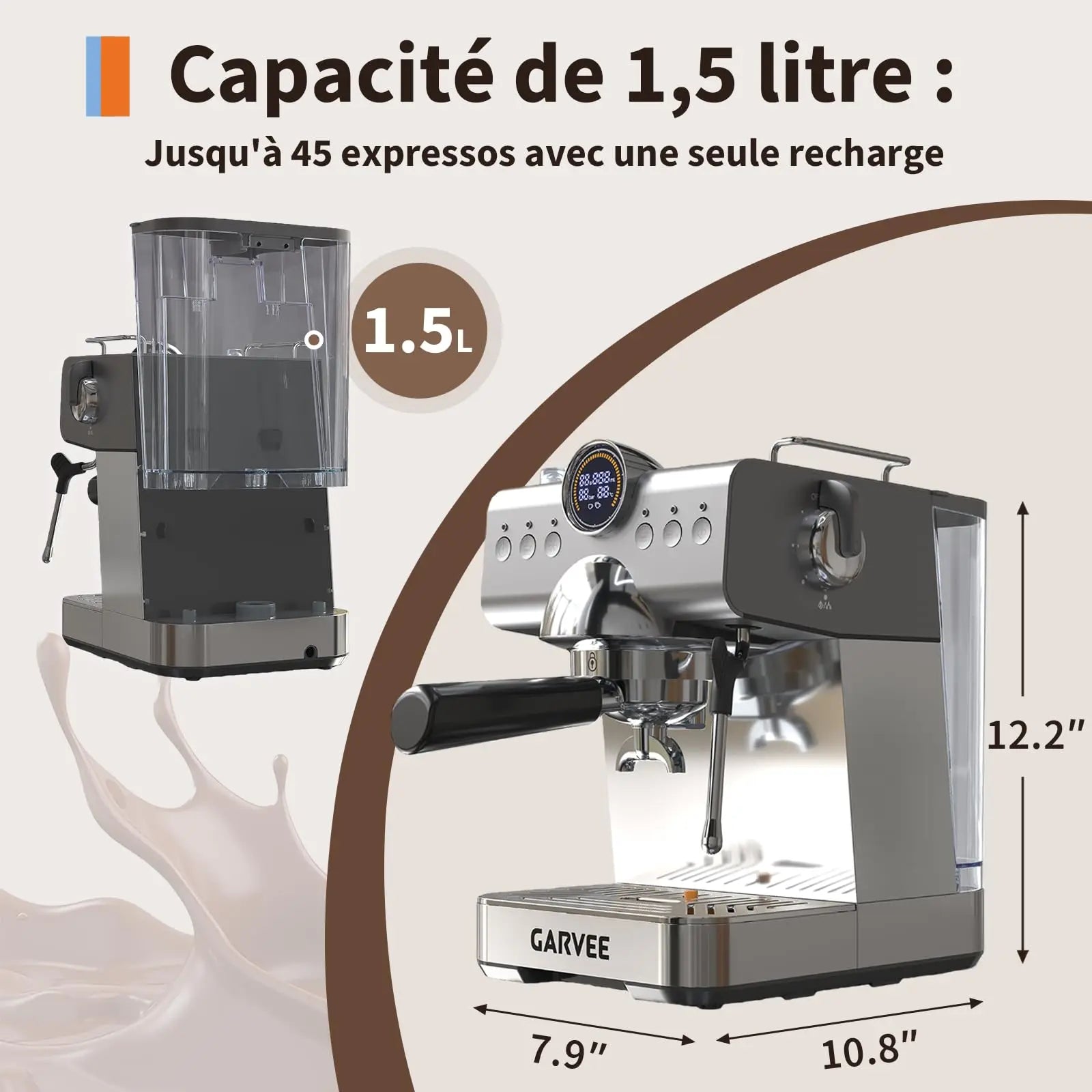 Garvee silver espresso machine with 1.5L tank, digital display, and compact 12.2-inch design for home brewing.