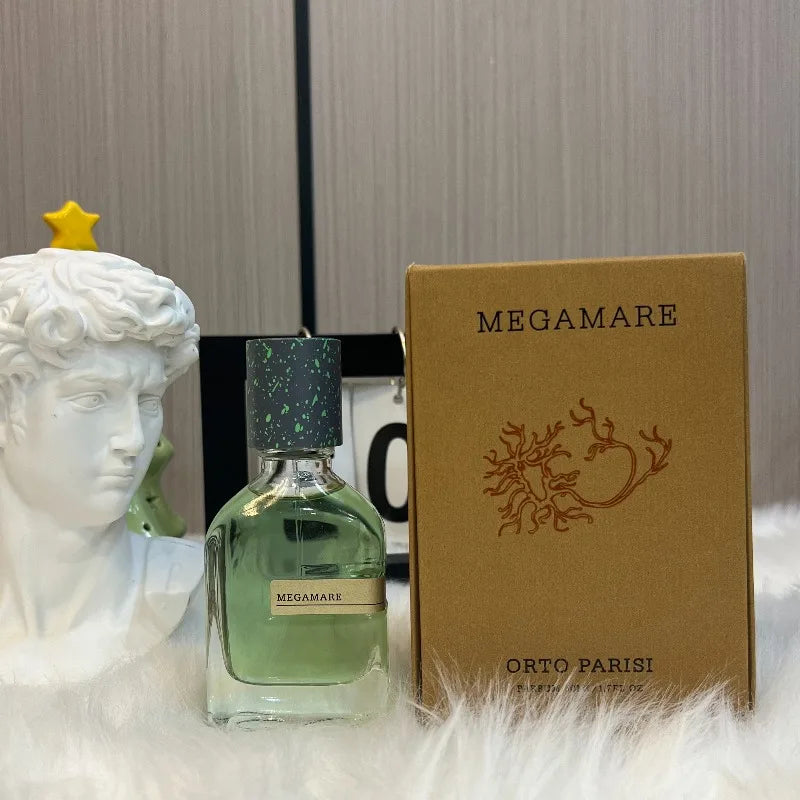 Orto Parisi Megamare unisex oriental woody perfume, 50ml, sleek glass bottle, earthy amber musk scent, long-lasting.