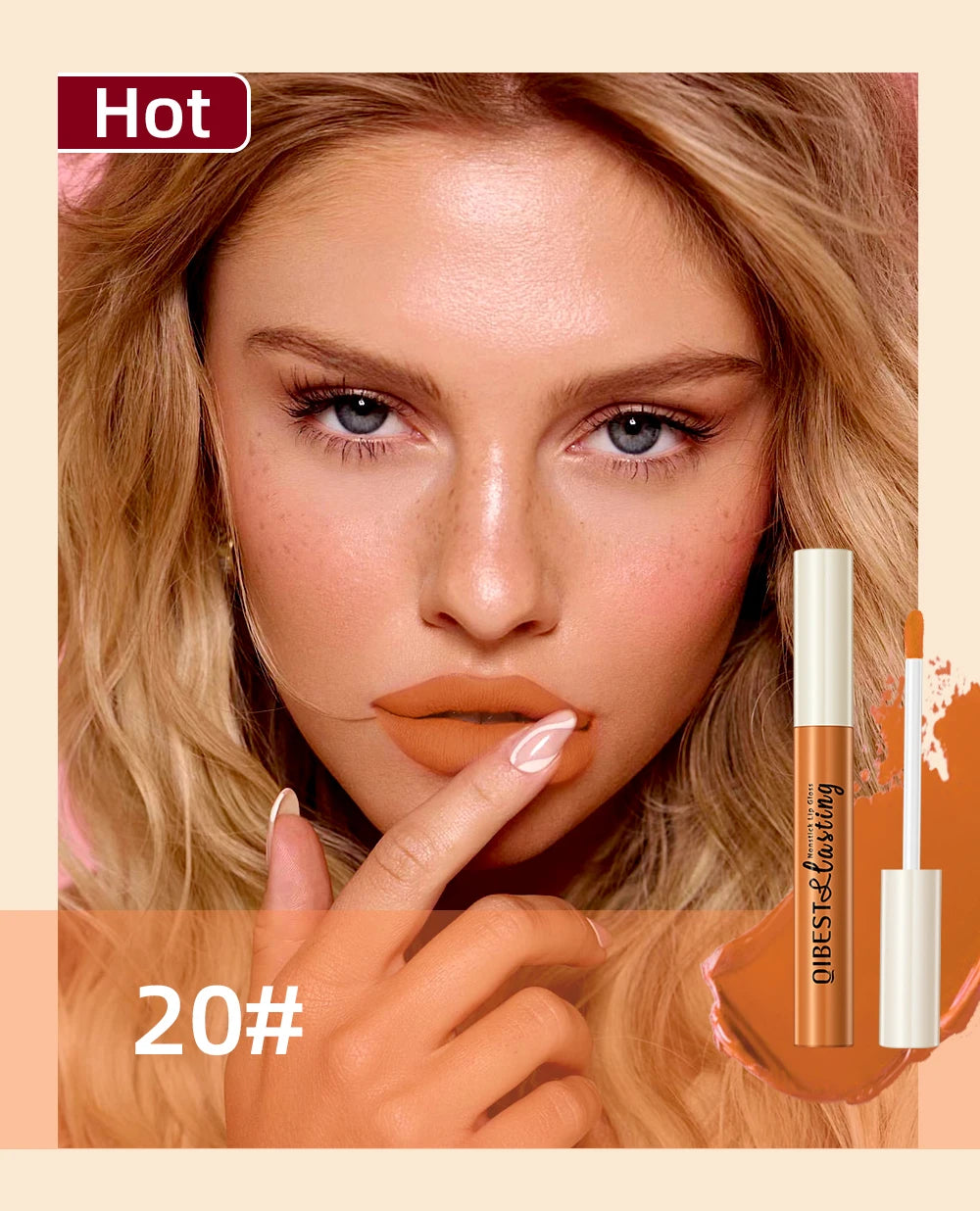 Model wearing long-lasting waterproof matte liquid lipstick in a velvety nude orange shade with lip gloss applicator.
