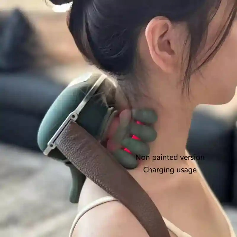 Green handheld neck massager with adjustable straps and soft finger-like nodes providing heat therapy to the neck.