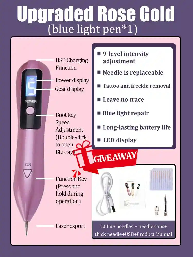 Rose gold blue light tattoo removal pen with 9 intensity levels, LED display, USB charging, and replaceable needles.