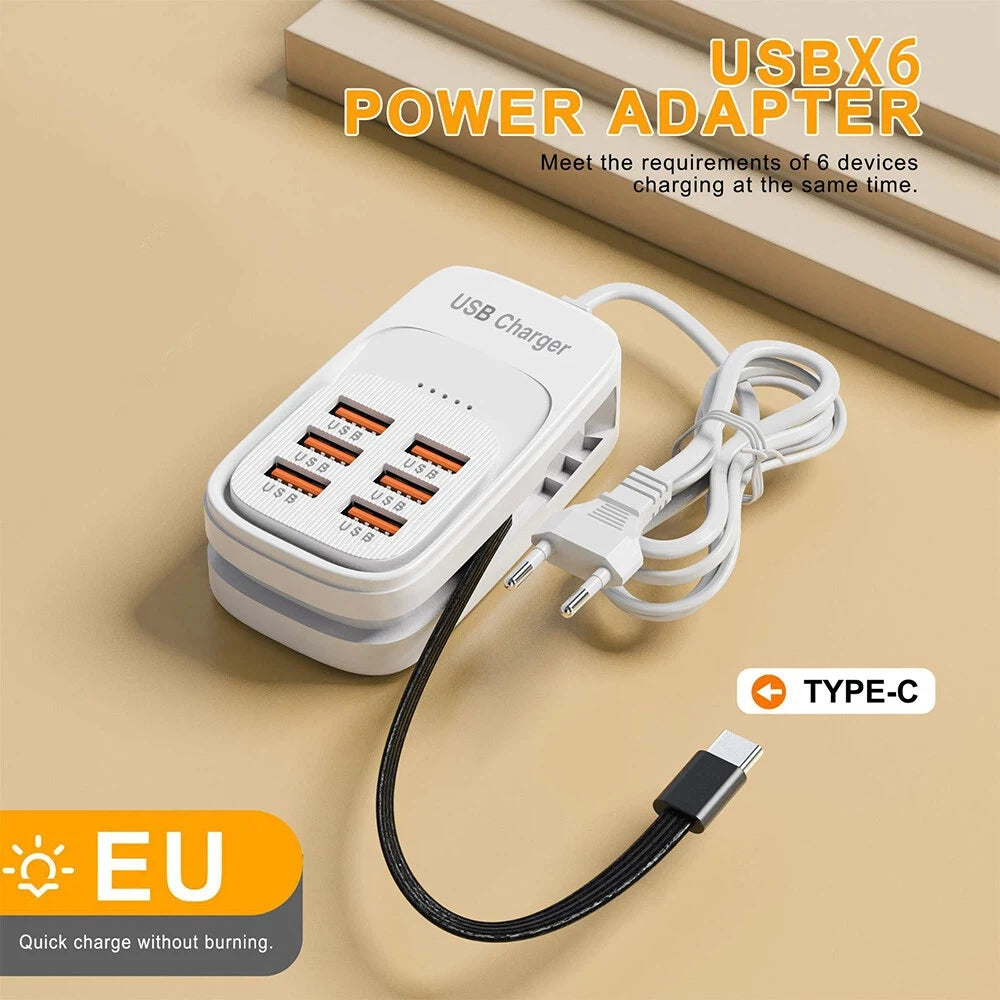 EU/US/UK 6-Ports USB Charging Extension Socket with Type-C Cable 3USB 3PD Power Strip Desktop Charging Station HUB Adapter 5V2A