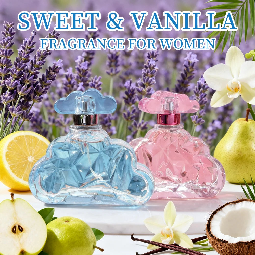 Sweet & Vanilla 3.4oz women's EDT spray. Cloud-shaped bottles with lavender, pear, bergamot, and vanilla fragrance.