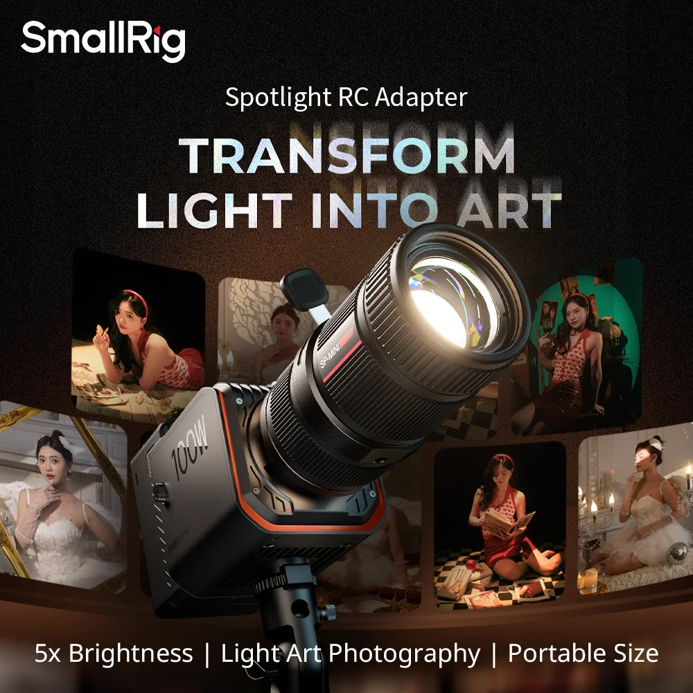 Black Spotlight RC Adapter lens attachment with a square 100W light base, used for creative artistic photography.