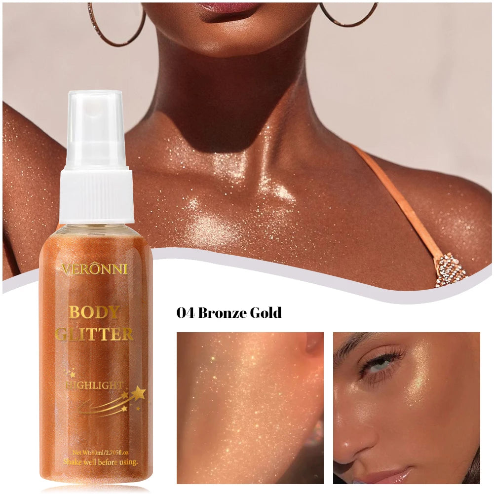 Tidesmit liquid body highlighting shimmer oil in glow glitter spray finish for radiant face and body makeup