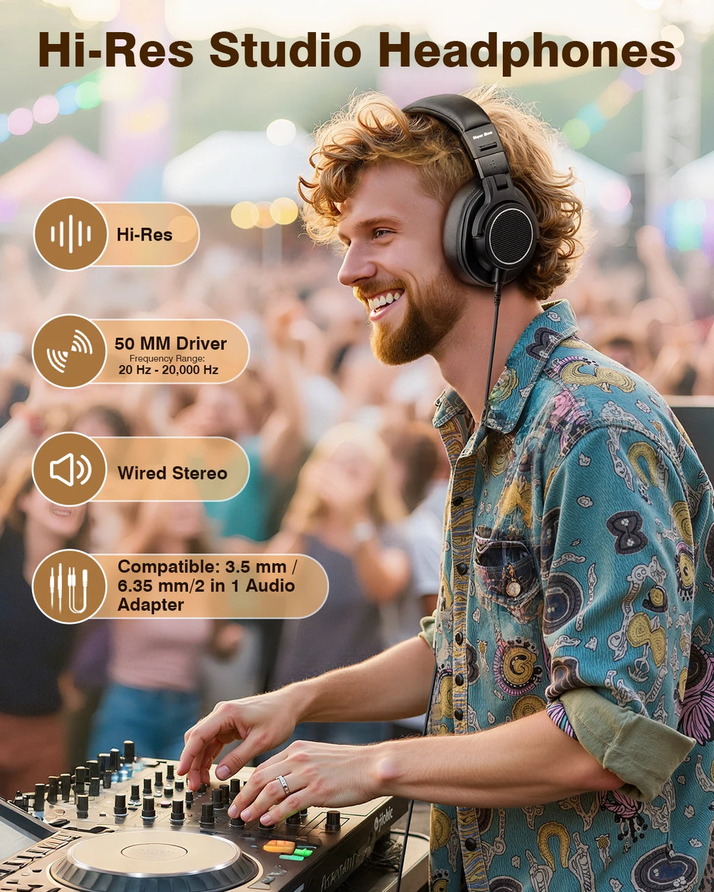 Wired Studio Headphones with Microphone - Over-Ear DJ Monitor (Black) Tidesmit