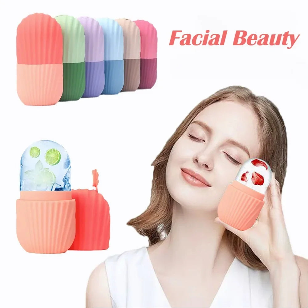 Colorful silicone ice face rollers for contouring, shown in various colors and being used on a woman's face.