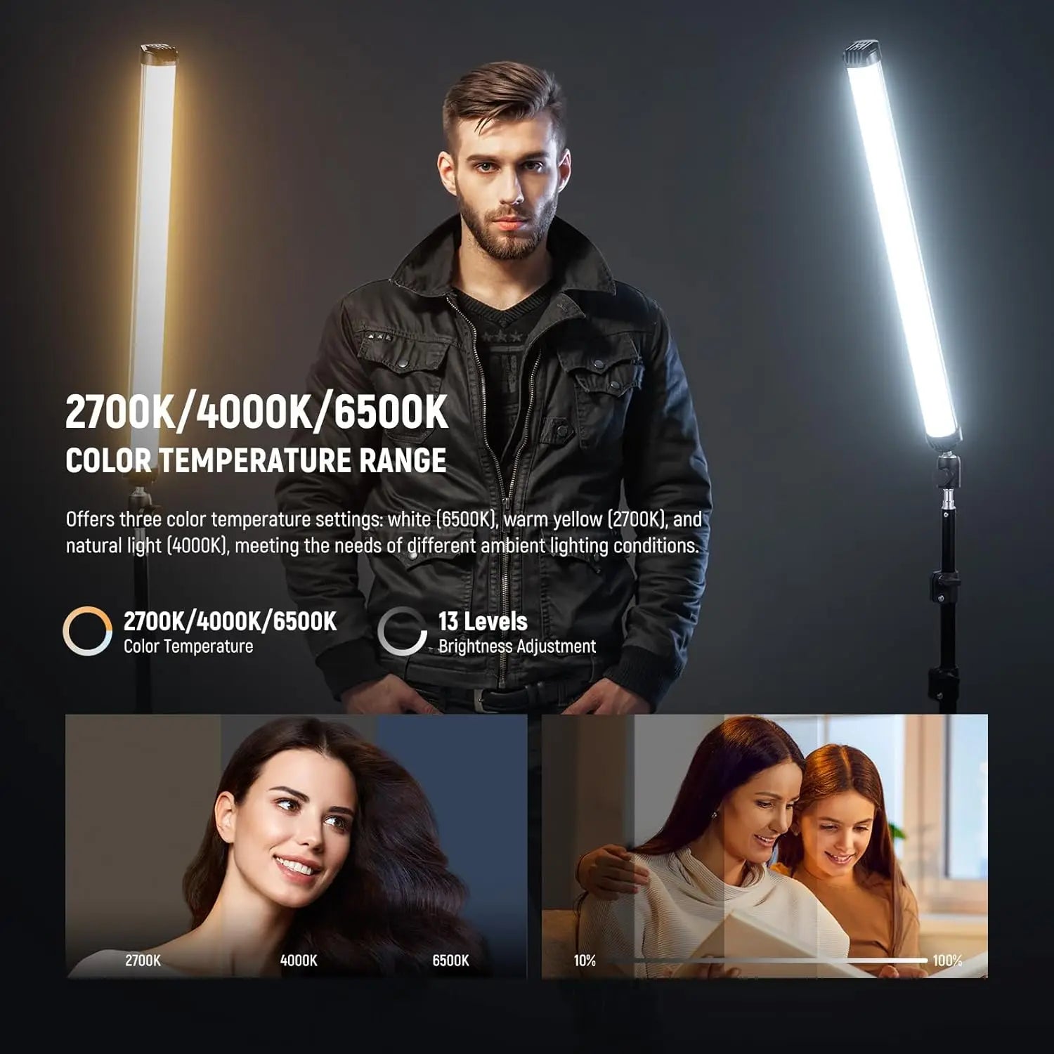 Two vertical LED light bars on tripod stands with adjustable color temperatures and brightness levels for photography.