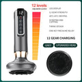 Grey electric scraping and cupping massager with LED display, 12 suction levels, heating, and a circular massage head.