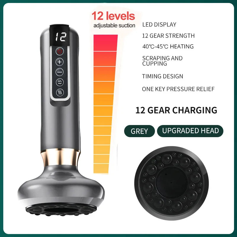 Grey electric scraping and cupping massager with LED display, 12 suction levels, heating, and a circular massage head.