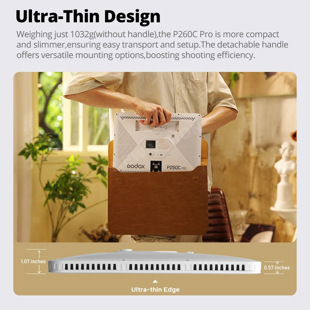 Thin, white P260C Pro LED panel with a detachable handle, shown being carried in a brown leather-style sleeve.
