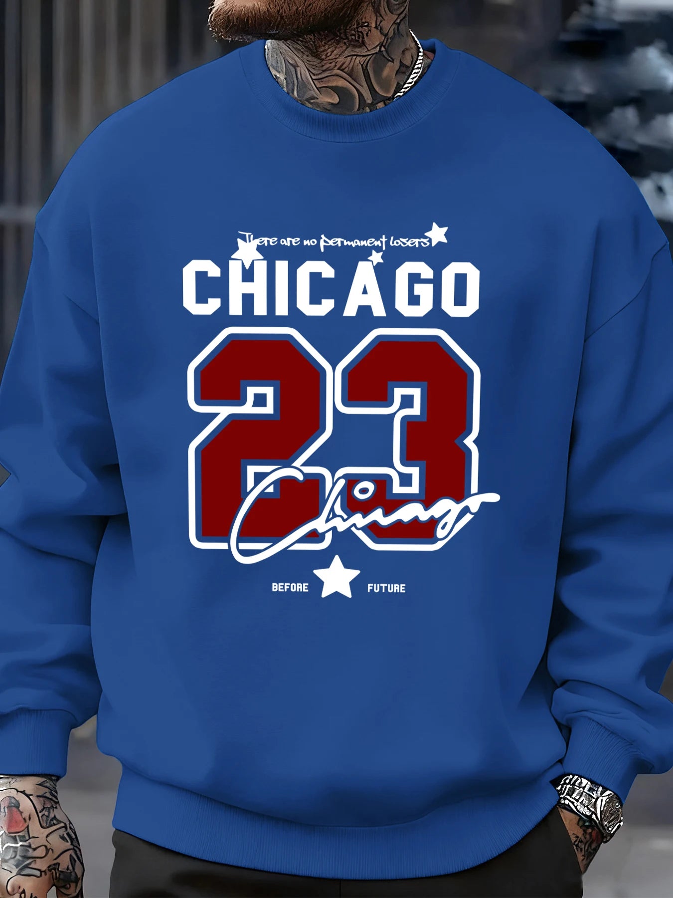 Tidesmit blue fleece crewneck sweatshirt featuring a large red and white Chicago 23 jersey-style graphic print.