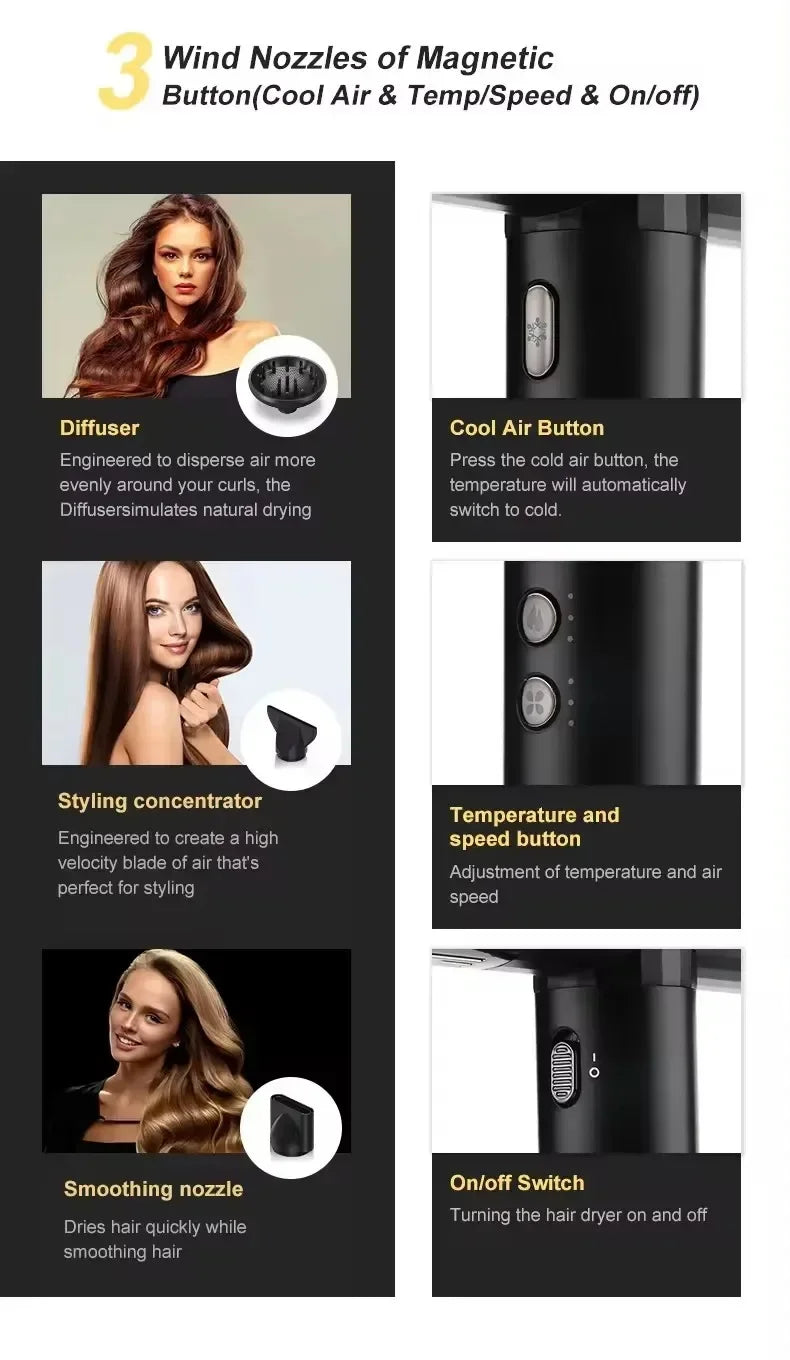 VGR V-427 professional hair dryer with 3 magnetic nozzles, cool air button, speed controls, and salon-grade styling.