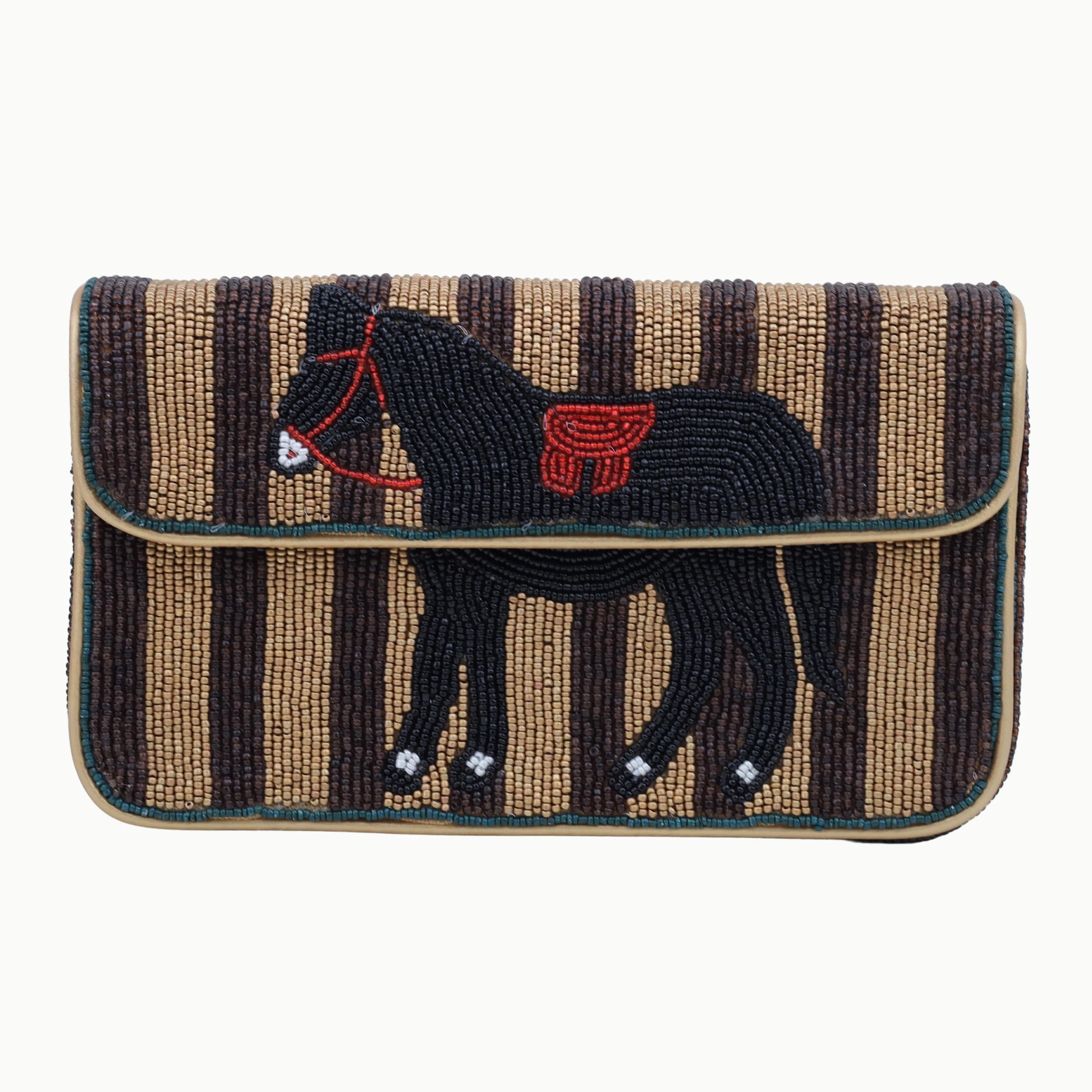Bohemian beaded flap shoulder bag with brown striped pattern and black horse motif for daily fashion.