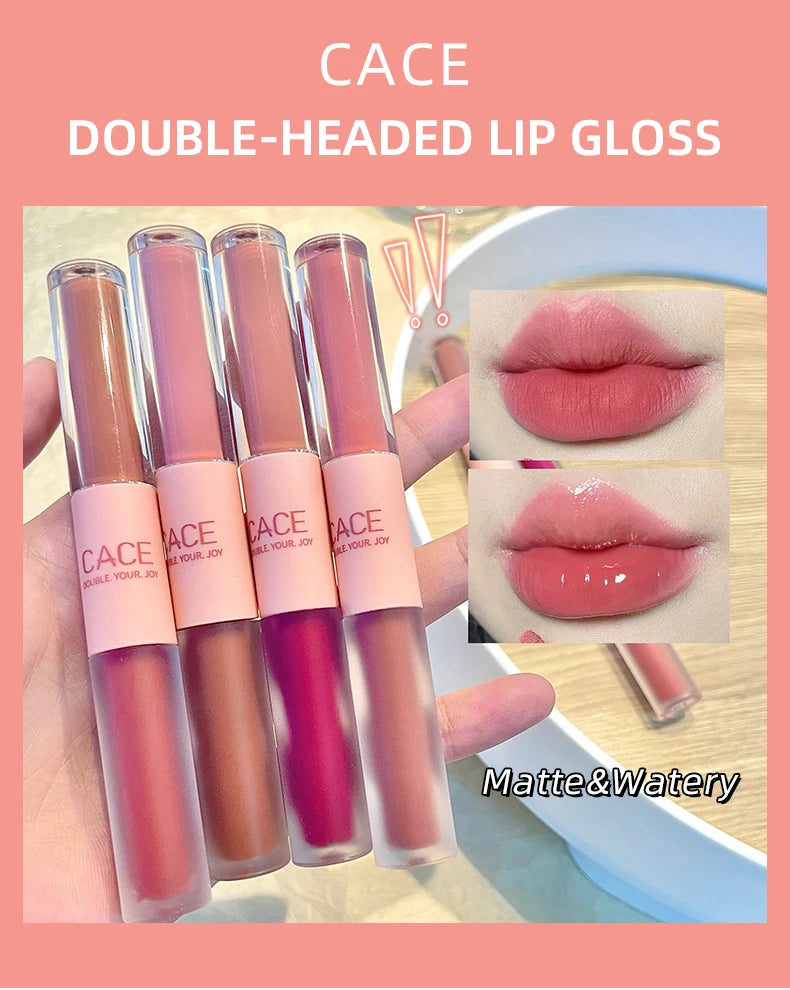 CACE double-headed lip gloss featuring matte and water-gloss textures in assorted pink and red shades.