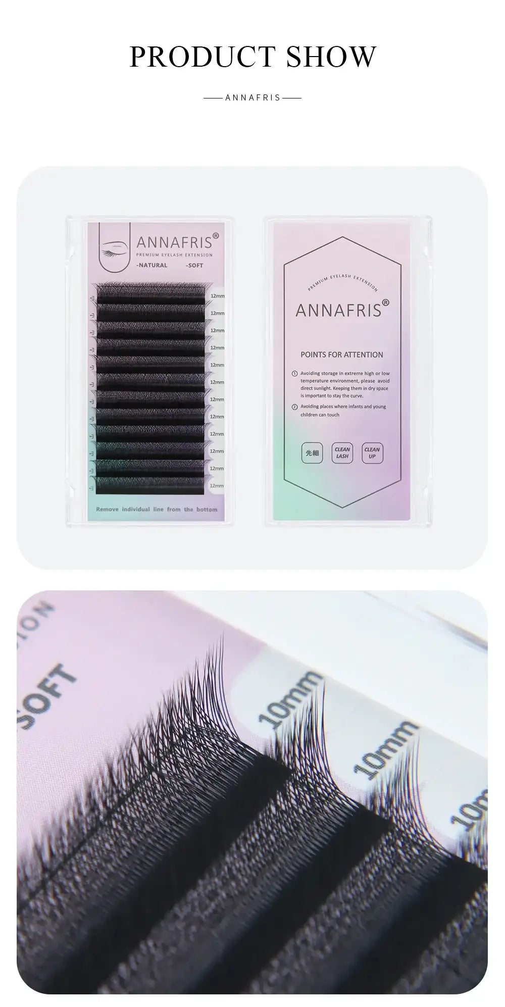 Black synthetic eyelash extension strips in a 12mm tray, featuring fine, soft fibers for professional lash application.
