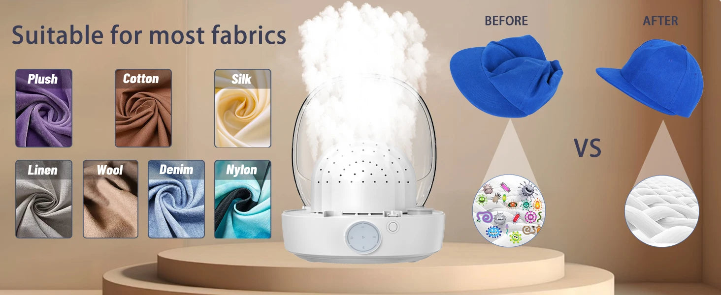 Tidesmit automatic cap cleaner featuring steam cleaning, drying, and ironing functions for baseball and bucket hats.