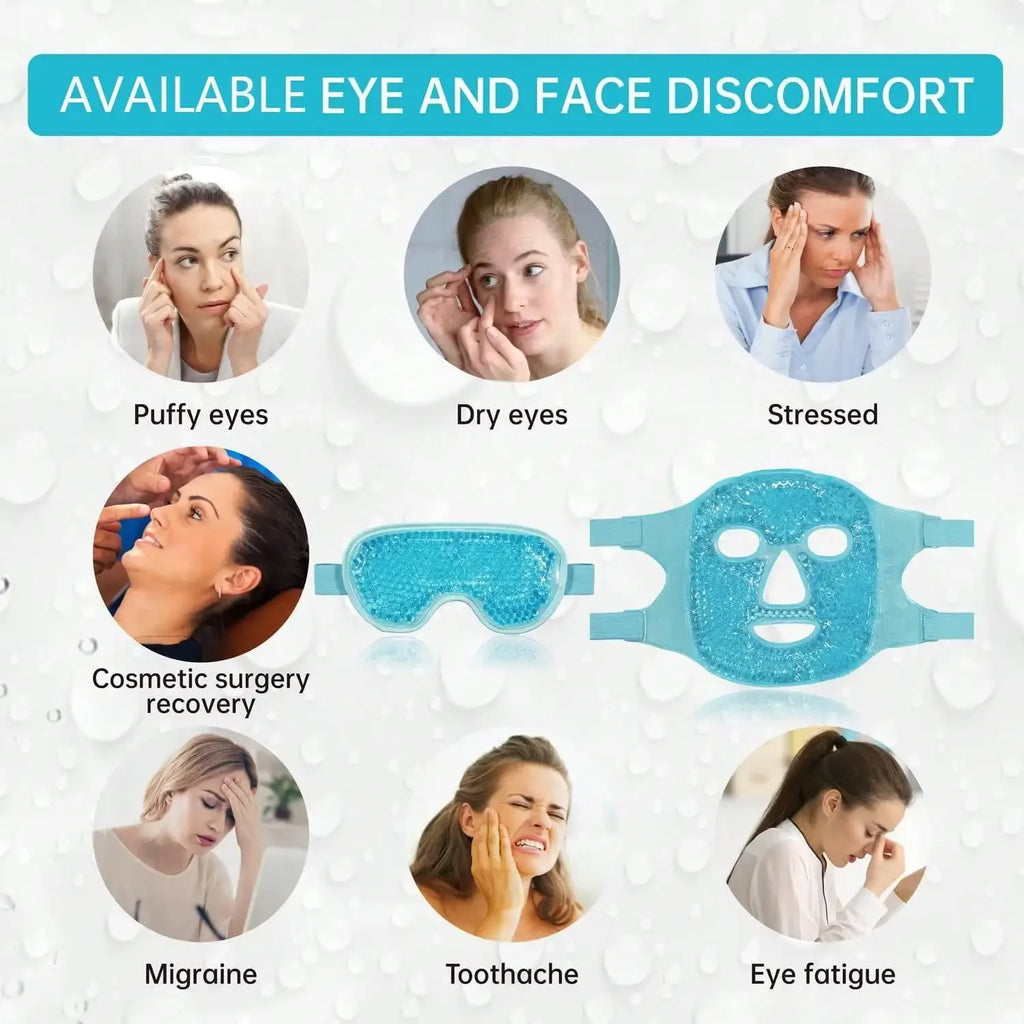 Blue gel bead eye mask and full-face cooling mask for relieving puffy eyes, headaches, and facial discomfort.