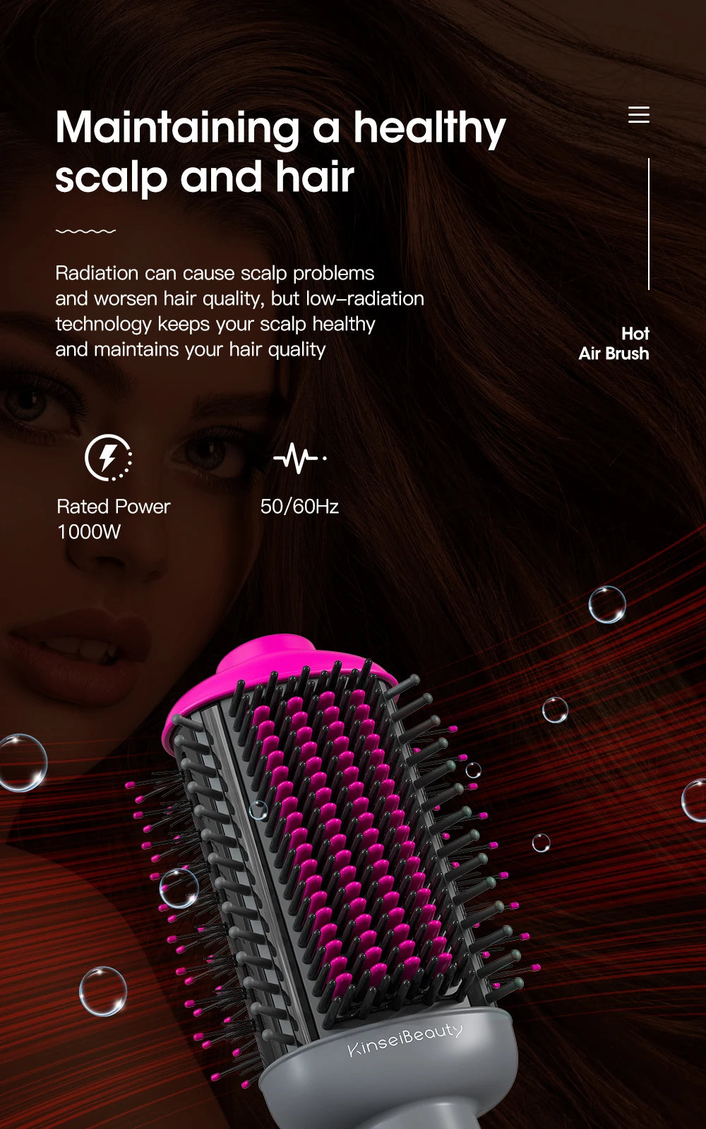 Kinseibeauty 1000W professional hot air brush, pink and grey hair dryer styling comb for healthy, salon-quality hair.
