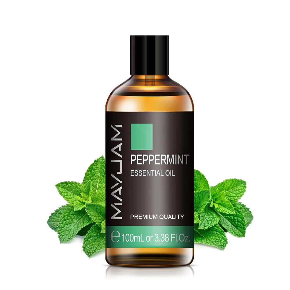 Peppermint essential oil bottle, amber glass with black pump cap, 100ml label