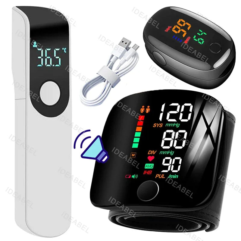 Wrist Blood Pressure Monitor LED Rechargeable English Voice Broadcast Tonometer BP Monitor Forehead Digital Thermometer