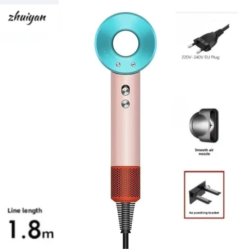 Blue and pink leafless negative ion hair dryer with nozzle, wall-mount bracket, and 1.8m cord for salon-style drying.