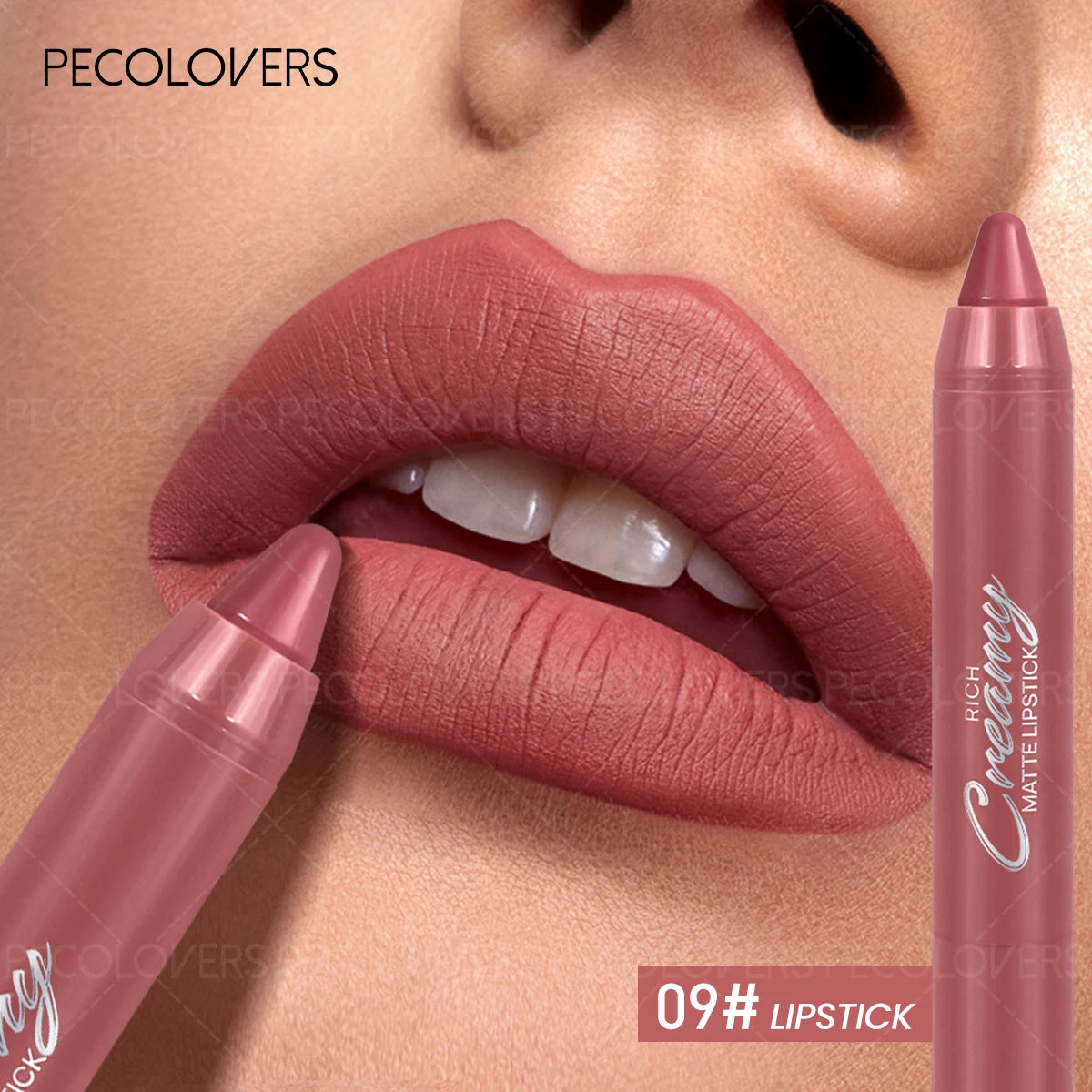 Soft matte lip crayon pencil in dusty rose on lips for a creamy, moisturizing everyday makeup look.