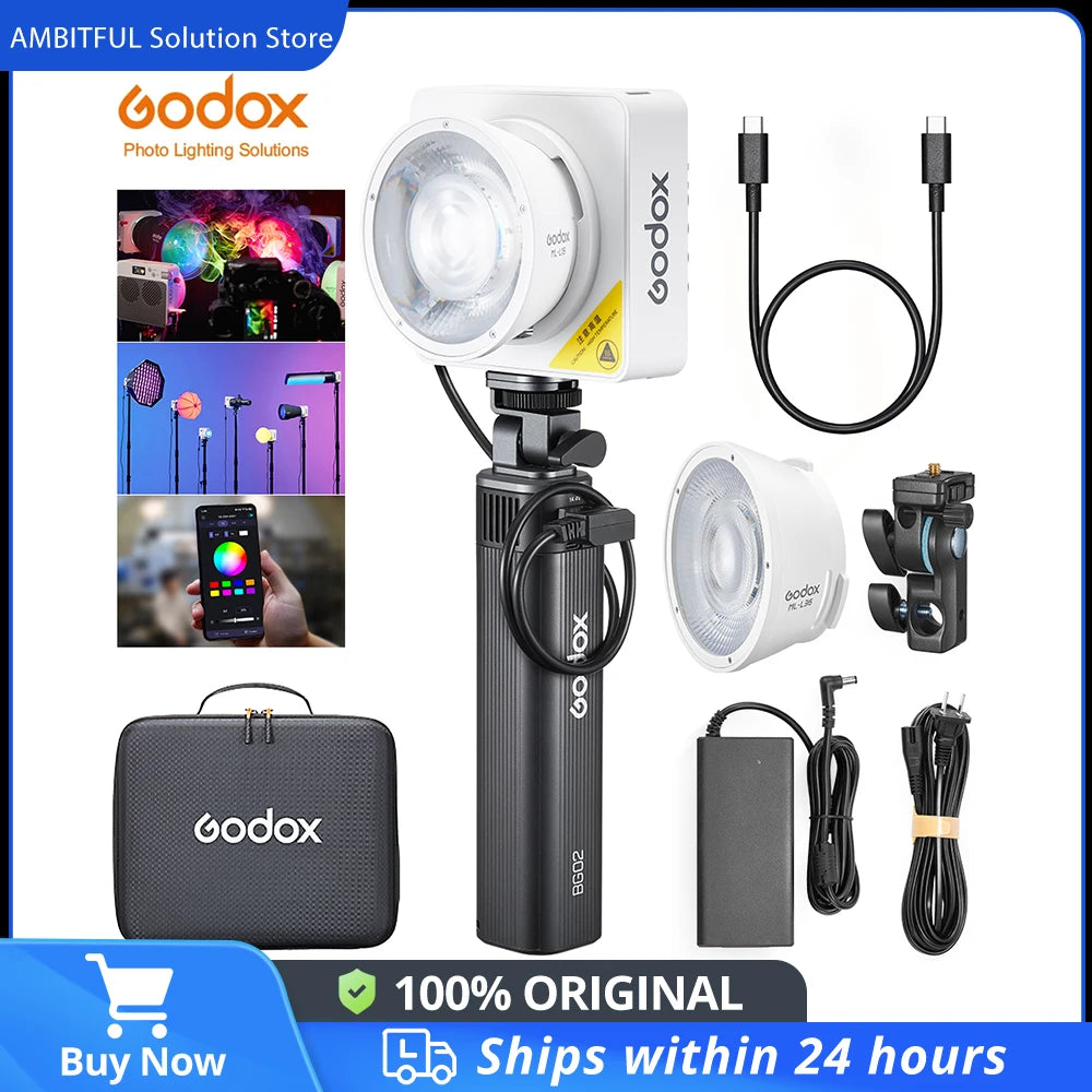 ML-6S LED light kit with white square lamp, black handle, reflector, power adapter, cables, and storage case.