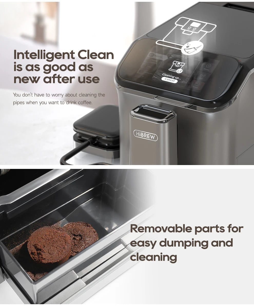 HiBREW silver coffee maker with touchscreen and self-cleaning feature showing removable coffee grounds container.