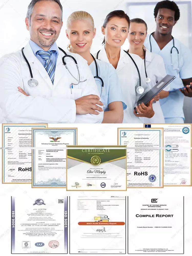 A medical team of five standing above a collection of various product certification documents and compliance reports.