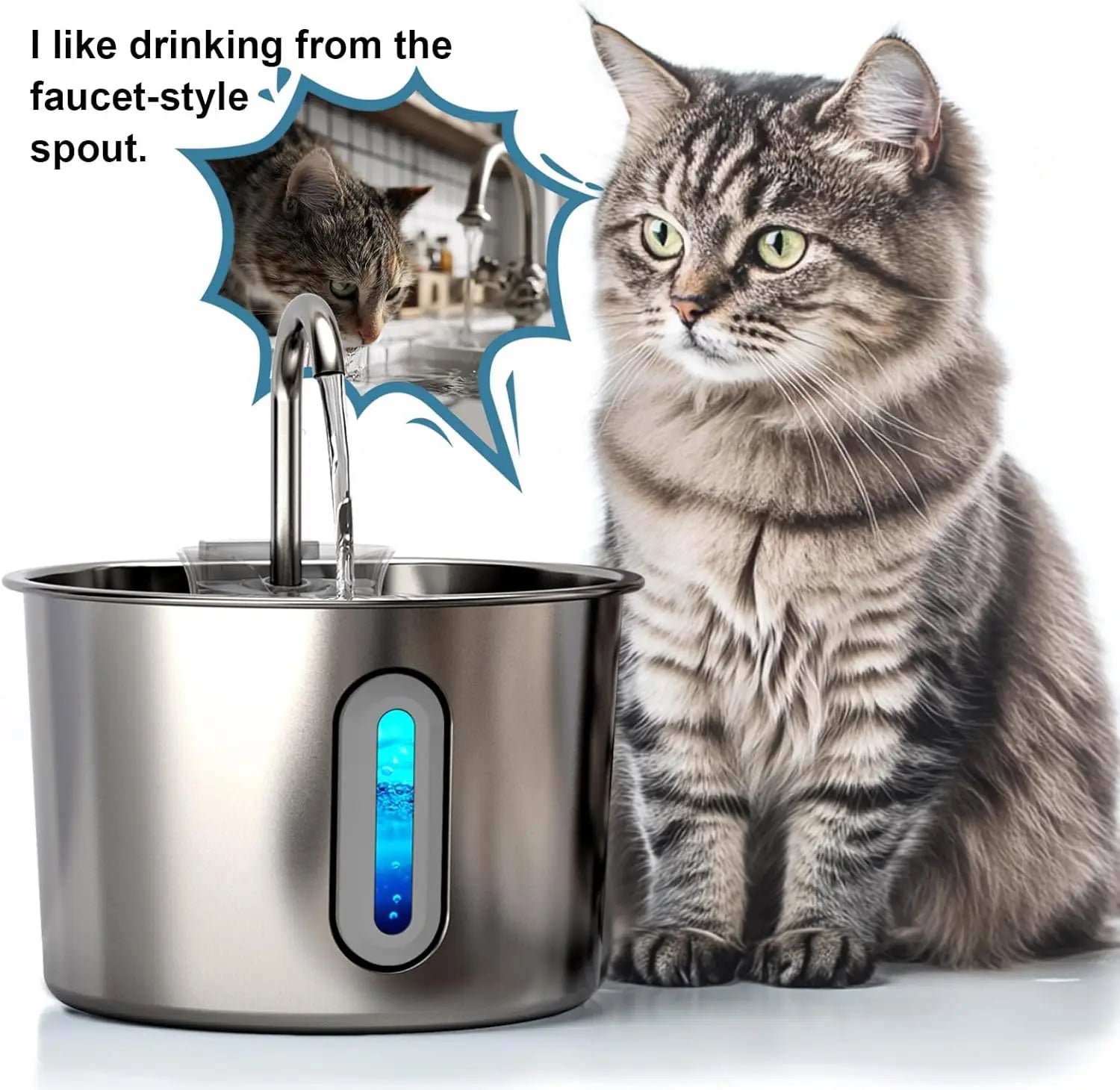 2.2L stainless steel cat water fountain with filter, faucet spout, and LED for fresh, automatic pet hydration.