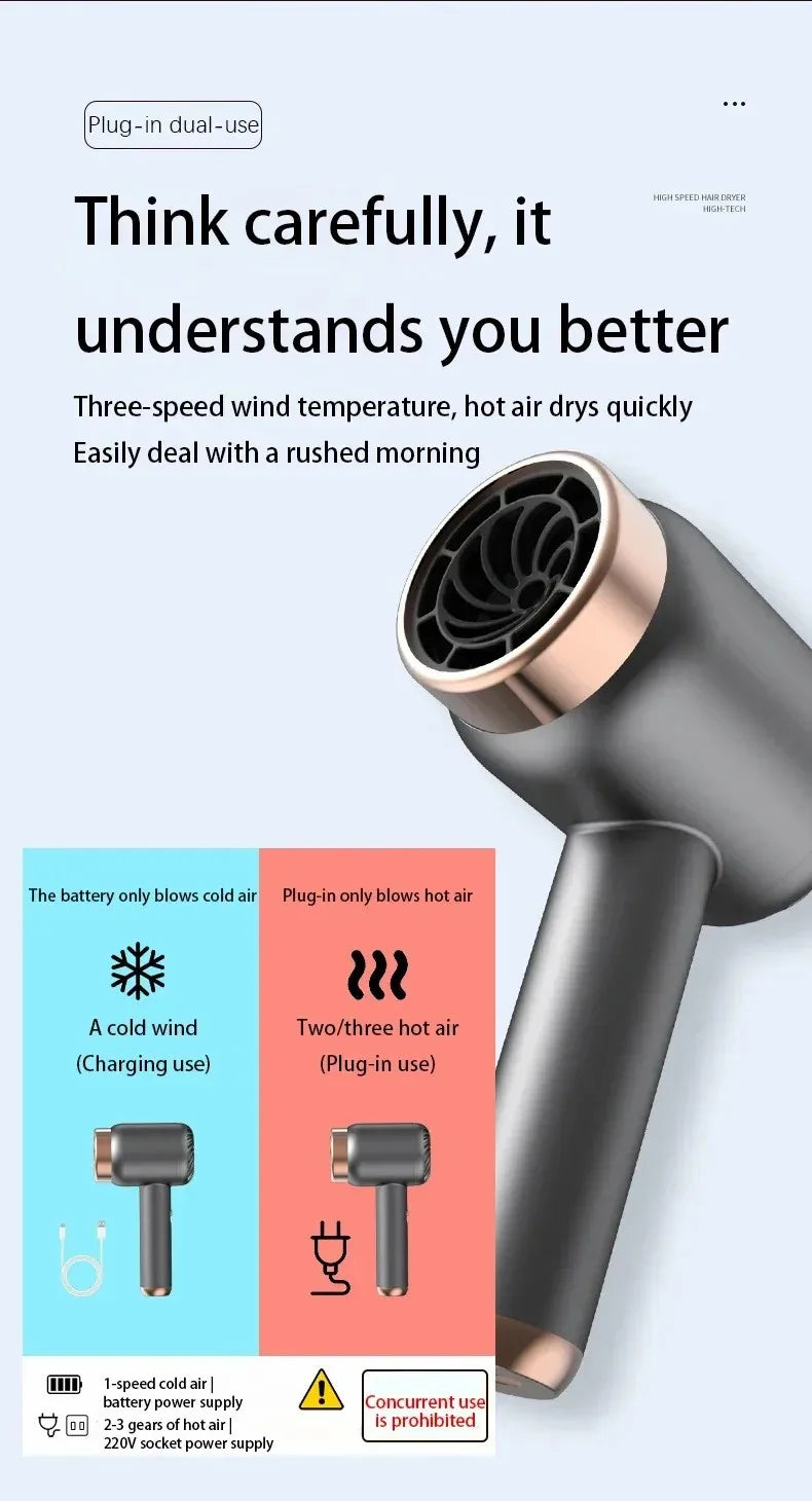 Portable gray and rose gold USB hair dryer with dual-use cold/hot air settings for quick travel styling.