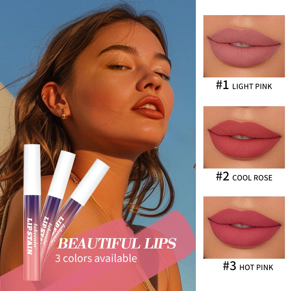 Waterproof peel-off lip stain tubes with matte finish swatches in light pink, cool rose, and hot pink shades.