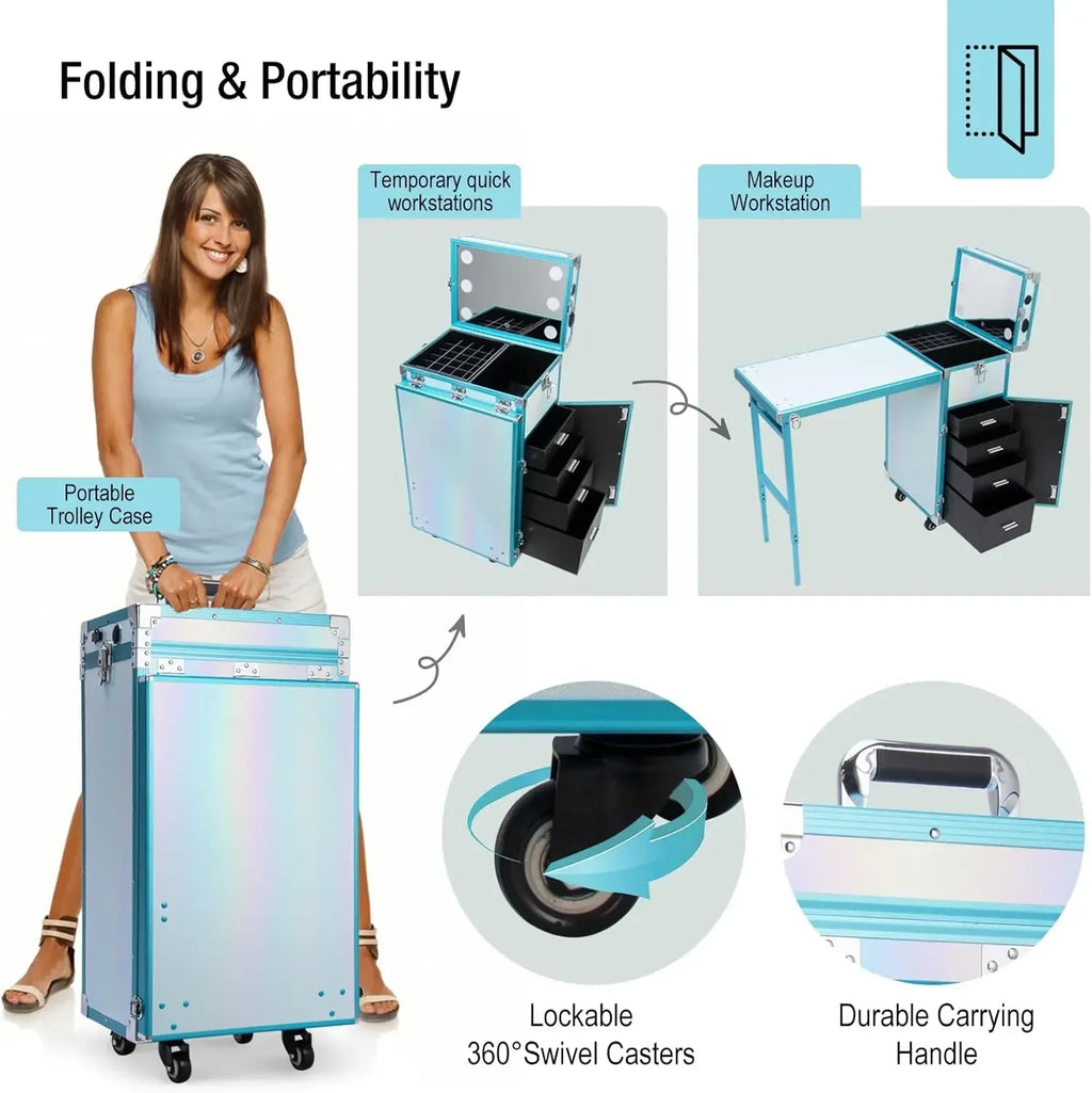 Rolling Manicure Table | Foldable Makeup Train Case - Tidesmit Massage Chairs Tidesmit