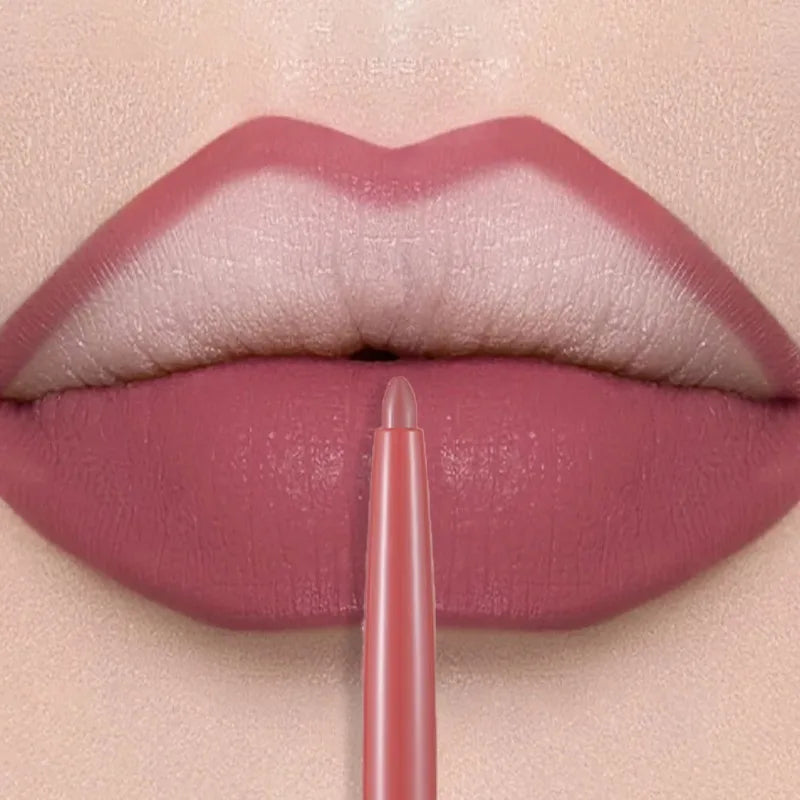 Matte lip liner pen in dusty rose, creating smooth, velvet-finish waterproof lip makeup for long-lasting color.