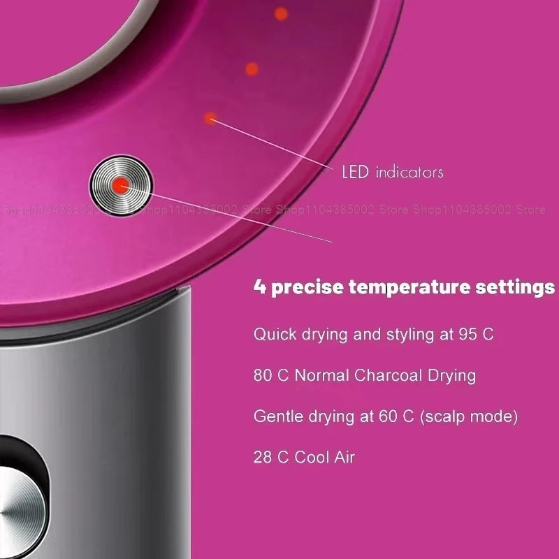 Pink leafless negative ion hair dryer featuring LED indicators and 4 precise temperature settings for quick drying.