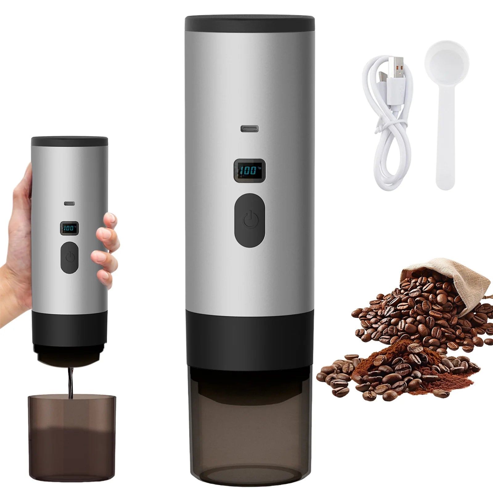 Portable silver electric coffee grinder with LED display, USB-C charging, and brown collection cup for coffee beans.