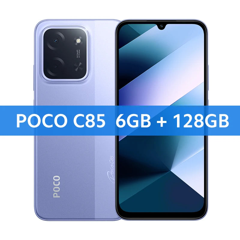 POCO C85 lavender smartphone showing front display and 50MP rear camera module, 6GB RAM, 128GB storage model.