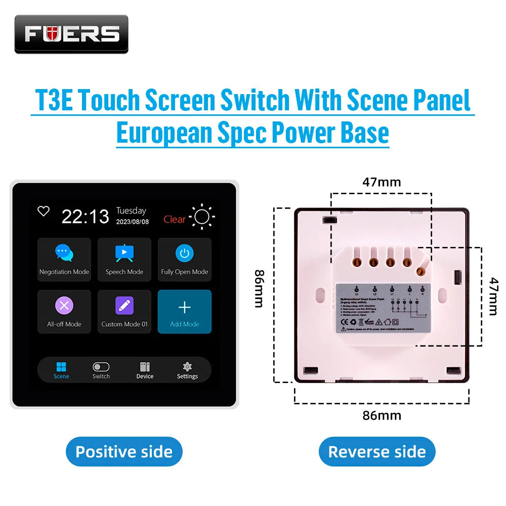 Smart Wall Switch 4 Inch Zigbee Touch Screen Control Panel for EU Homes EU Wall Switch Tidesmit
