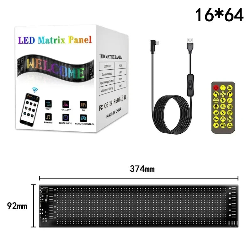 Programmable Car LED Matrix Panel | Flexible DIY Display Sign - Tidesmit 16x64 LEDs 9x37 CM Tidesmit
