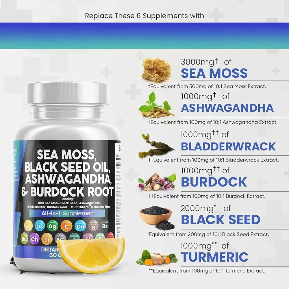 Sea Moss 3000mg Black Seed Oil Capsules Ashwagandha SHILAJIT Ginseng Chlorophyll for Women & Men Boosting Bone Skin Health