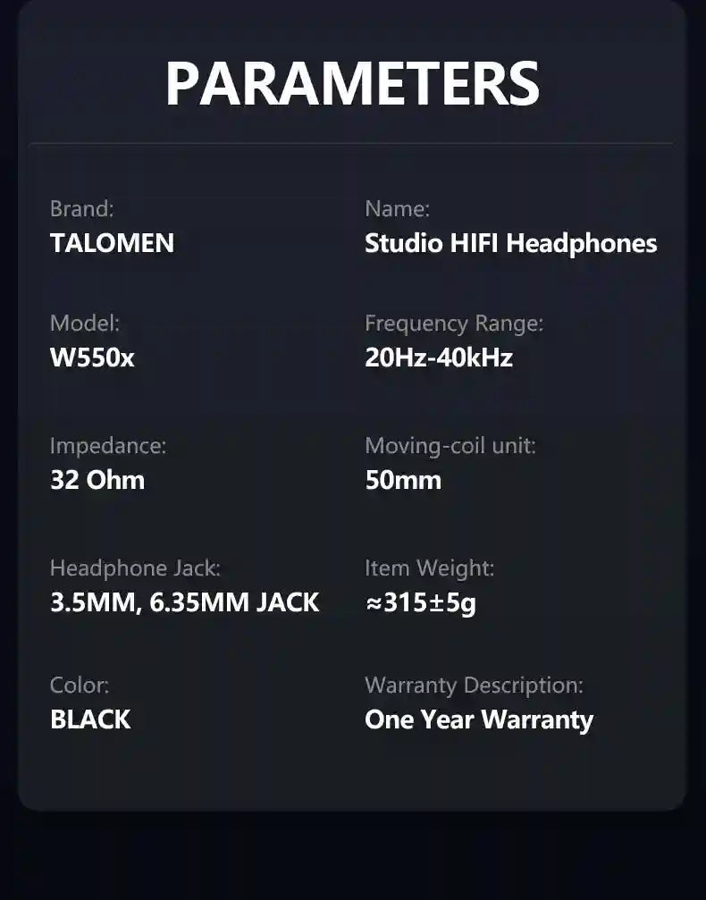Wired Studio Headphones Over-Ear Monitor - Detachable Cable (W550x) Tidesmit