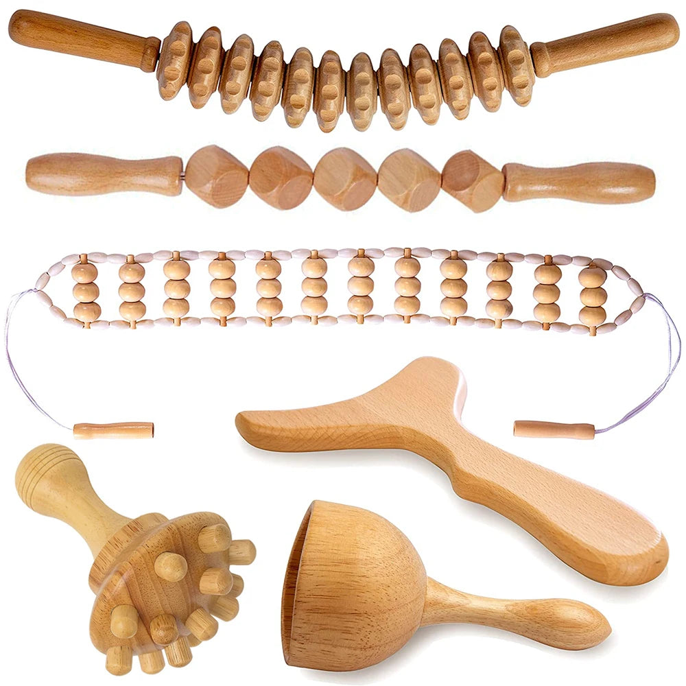 Wood Therapy Massage Tools for Body Contouring | 6 Piece Kit Relaxation Treatment Tidesmit