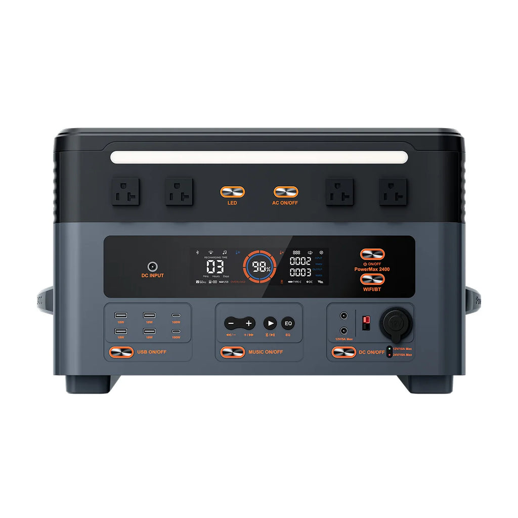 OSCAL PowerMax2400 Portable Power Station, equipped with a 200W solar panel / can be additionally expanded with a separate solar generator, 4 AC outlets, Bluetooth connectivity, suitable for home, camping, RVs, and power outa