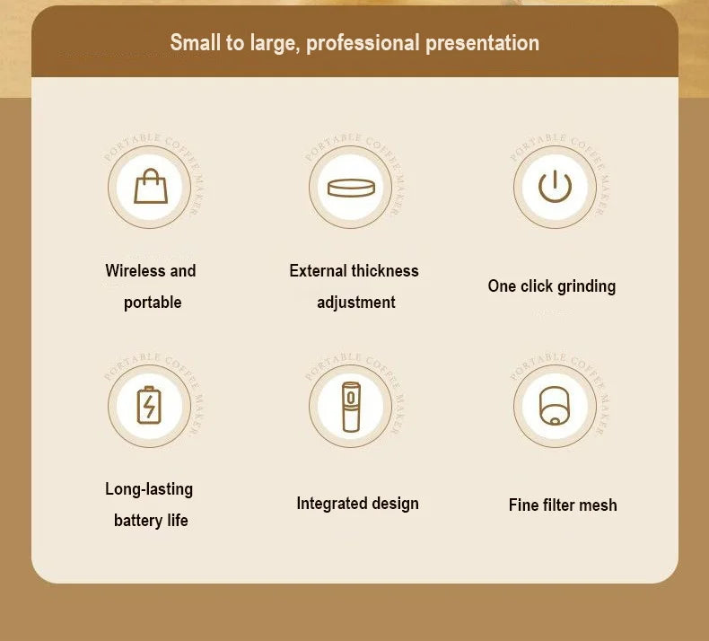 Portable coffee maker features: wireless, adjustable thickness, one-click grinding, battery power, and integrated design.